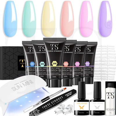 GV1152 THR3E STROKES Poly Gel Nail Kit 6 Colors with 6W Nail Lamp Extension Gel Kit Nude Clear Pink Black Glitter Complete Starter Tools for Beginner Thickening Solutions DIY at Home for Women(MINIMUM 180S TO DRY)(BEGGINERS KIT) (4)