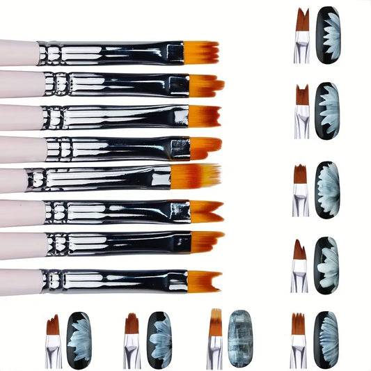 GV770 8pcs Premium White Nail Brush Pen Set – Gel Flower Drawing & Gradient Painting Brushes for Professional Manicure and Nail Art