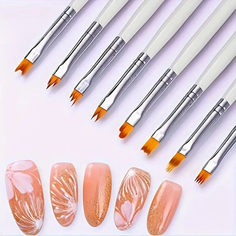 GV770 8pcs Premium White Nail Brush Pen Set – Gel Flower Drawing & Gradient Painting Brushes for Professional Manicure and Nail Art Color may Vary
