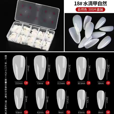 GV841 500pcs Natural Color Almond Press-On Nail Tips – Full Cover False Nails Set with 10 Sizes (No. 0–9) for Nail Extension & Acrylic/Gel Application