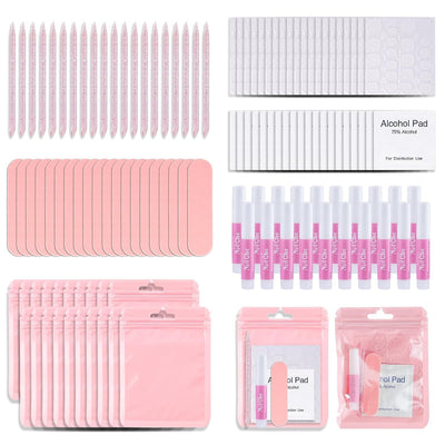 GV1004 INOG Press On Nail Tool Kit with Everything, Bebbtiy Nail Prep Tool Disposable Manicure Kit with Nail File, Nail Glue, Prep Pads, Adhesive Nail Tabs,Wood Stick, Packaging Bag (20pcs-pink)
