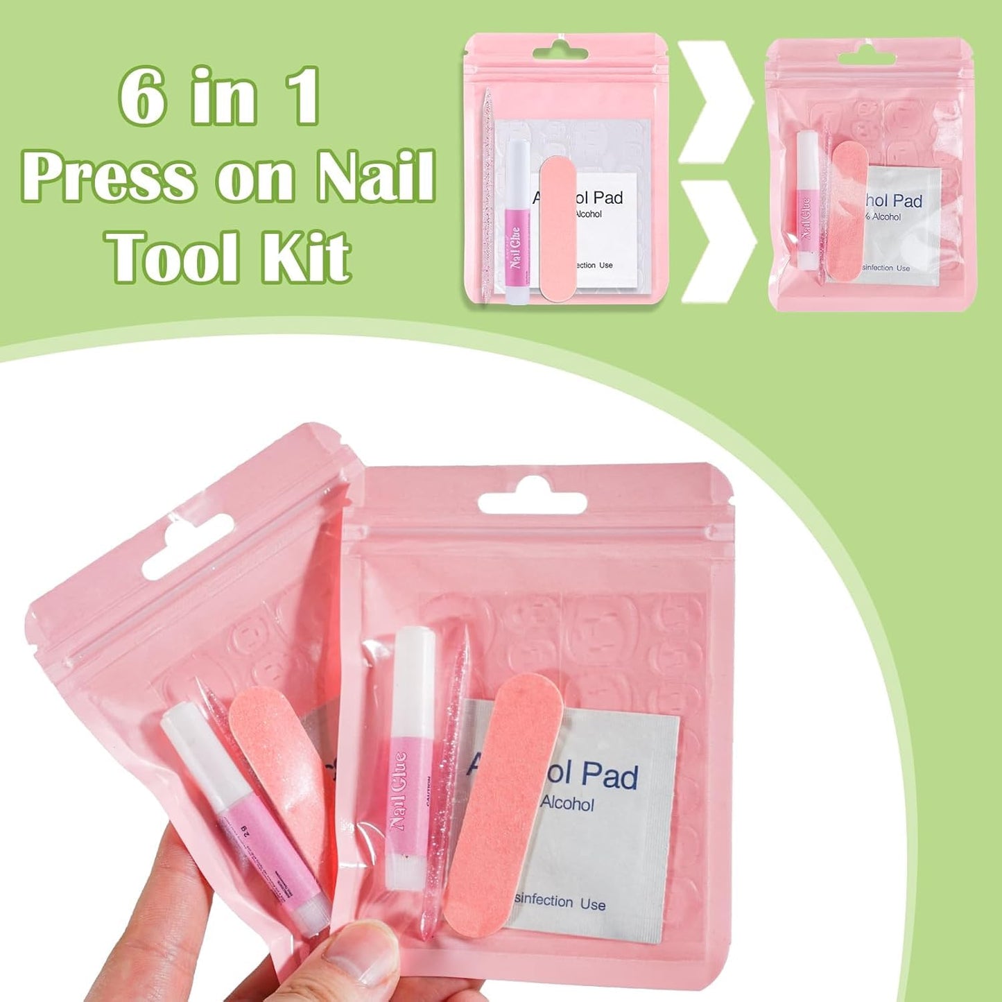 GV1004 INOG Press On Nail Tool Kit with Everything, Bebbtiy Nail Prep Tool Disposable Manicure Kit with Nail File, Nail Glue, Prep Pads, Adhesive Nail Tabs,Wood Stick, Packaging Bag (20pcs-pink)