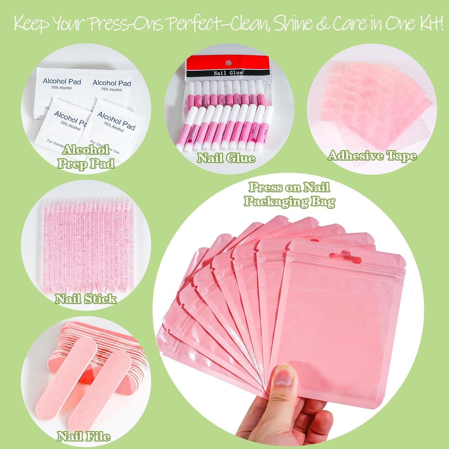GV1004 INOG Press On Nail Tool Kit with Everything, Bebbtiy Nail Prep Tool Disposable Manicure Kit with Nail File, Nail Glue, Prep Pads, Adhesive Nail Tabs,Wood Stick, Packaging Bag (20pcs-pink)