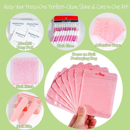 GV1004 INOG Press On Nail Tool Kit with Everything, Bebbtiy Nail Prep Tool Disposable Manicure Kit with Nail File, Nail Glue, Prep Pads, Adhesive Nail Tabs,Wood Stick, Packaging Bag (20pcs-pink)