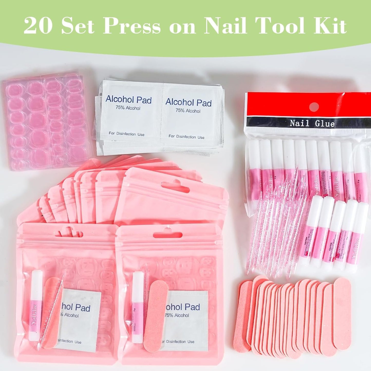 GV1004 INOG Press On Nail Tool Kit with Everything, Bebbtiy Nail Prep Tool Disposable Manicure Kit with Nail File, Nail Glue, Prep Pads, Adhesive Nail Tabs,Wood Stick, Packaging Bag (20pcs-pink)