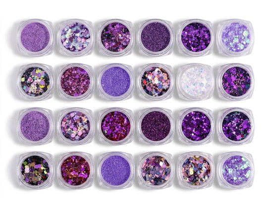 GV1094 Purple Glitter Nail Art Sequins Set – Holographic Mixed Glitter Flakes for Acrylic, Gel, Resin & DIY Nail Decorations (24 Pots)