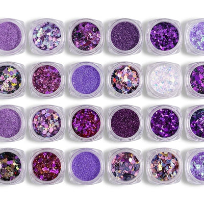 GV1094 Purple Glitter Nail Art Sequins Set – Holographic Mixed Glitter Flakes for Acrylic, Gel, Resin & DIY Nail Decorations (24 Pots)