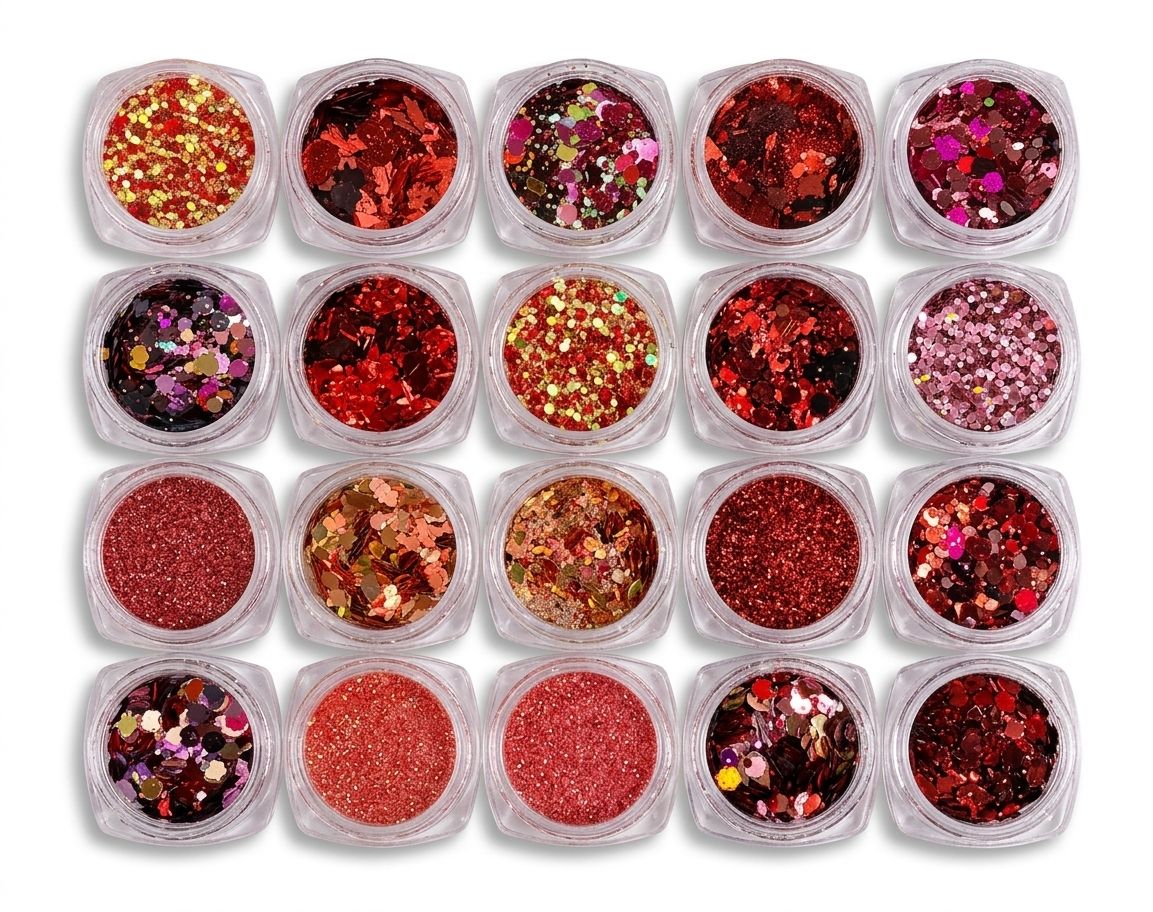 GV1095 Red Glitter Nail Art Sequins Set – Holographic Mixed Glitter Flakes for Acrylic, Gel, Resin & DIY Nail Decorations (20 Pots)