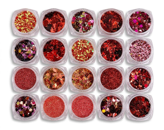 GV1095 Red Glitter Nail Art Sequins Set – Holographic Mixed Glitter Flakes for Acrylic, Gel, Resin & DIY Nail Decorations (20 Pots)