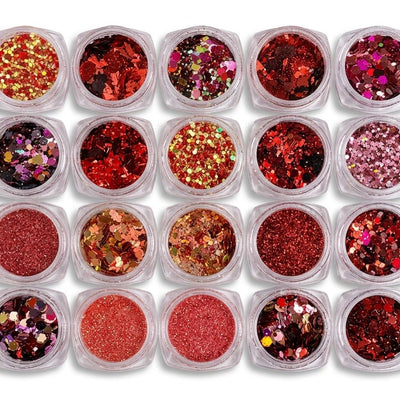GV1095 Red Glitter Nail Art Sequins Set – Holographic Mixed Glitter Flakes for Acrylic, Gel, Resin & DIY Nail Decorations (20 Pots)