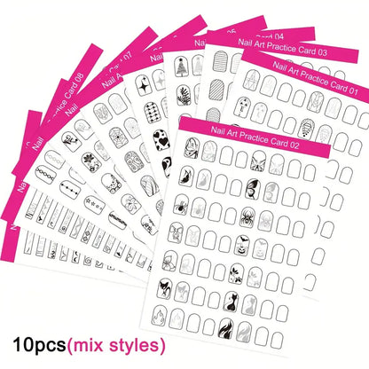 GV756 10PCS MSOKAY Reusable Nail Art Practice Cards – Step-by-Step Design Guides, Press-On & Acrylic Nail Training Sheets for Beginners & Professionals