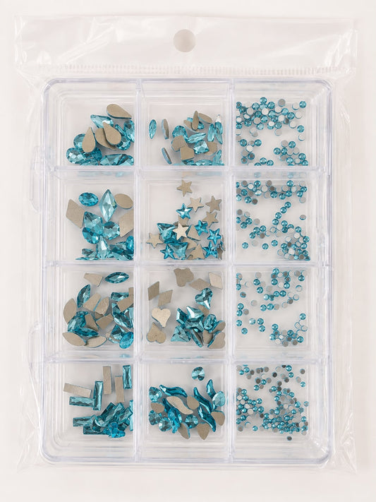 GV1139 Blue Assorted Nail Art Rhinestones & Crystal Charms – 12-Compartment Set