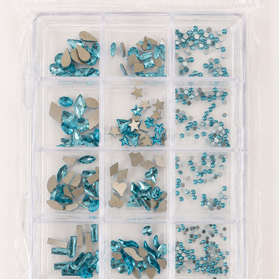 GV1139 Blue Assorted Nail Art Rhinestones & Crystal Charms – 12-Compartment Set