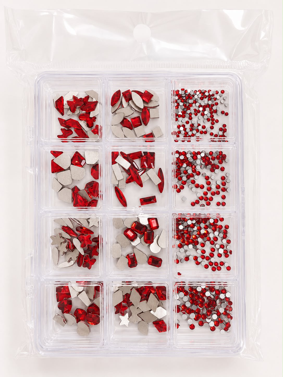 GV1153 Ruby Red Assorted Nail Art Rhinestones & Crystal Charms – 12-Compartment Set