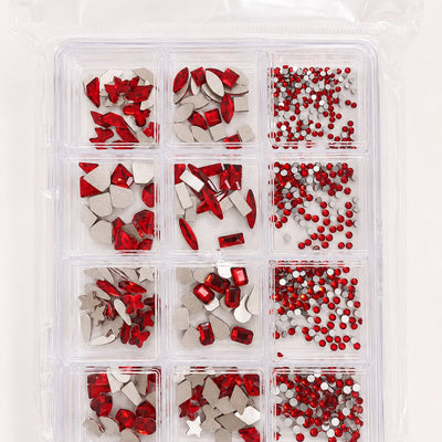 GV1153 Ruby Red Assorted Nail Art Rhinestones & Crystal Charms – 12-Compartment Set