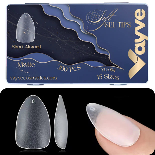 GV949 Vayve Soft Gel Nail Tips Matte Short Coffin 15 Sizes for Nail Extension Clear (Pack of 300)