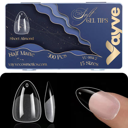 GV949 Vayve Soft Gel Nail Tips Matte Short Coffin 15 Sizes for Nail Extension Clear (Pack of 300)