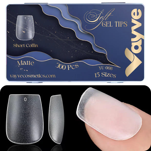 GV949 Vayve Soft Gel Nail Tips Matte Short Coffin 15 Sizes for Nail Extension Clear (Pack of 300)