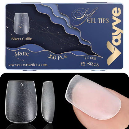 GV949 Vayve Soft Gel Nail Tips Matte Short Coffin 15 Sizes for Nail Extension Clear (Pack of 300)