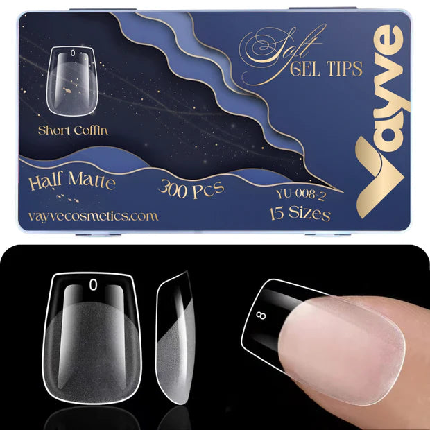 GV949 Vayve Soft Gel Nail Tips Matte Short Coffin 15 Sizes for Nail Extension Clear (Pack of 300)