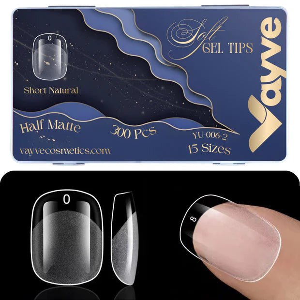 GV949 Vayve Soft Gel Nail Tips Matte Short Coffin 15 Sizes for Nail Extension Clear (Pack of 300)