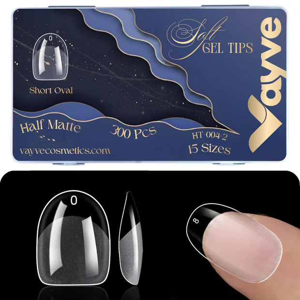 GV949 Vayve Soft Gel Nail Tips Matte Short Coffin 15 Sizes for Nail Extension Clear (Pack of 300)