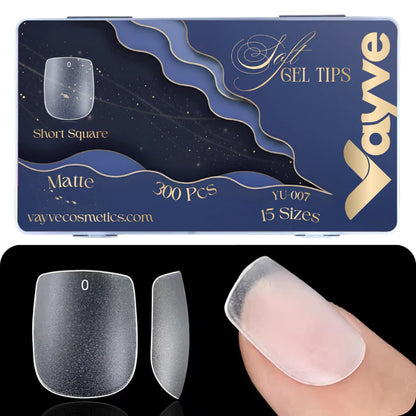 GV949 Vayve Soft Gel Nail Tips Matte Short Coffin 15 Sizes for Nail Extension Clear (Pack of 300)