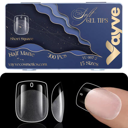GV949 Vayve Soft Gel Nail Tips Matte Short Coffin 15 Sizes for Nail Extension Clear (Pack of 300)