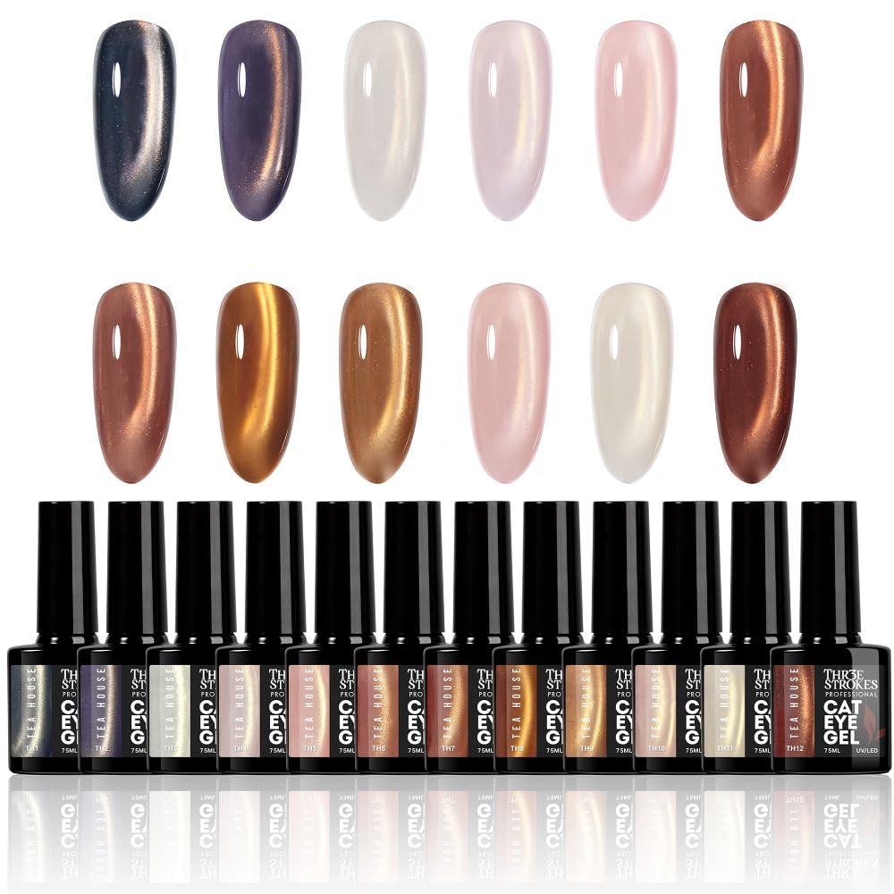 GV1147 THR3E STROKES Silk Cat Eye Gel Polish Set - 12 Colors (7.5ml) - Magnetic Velvet Shimmer Effect - UV/LED Soak Off Nail Art Manicure Kit (TEA HOUSE)