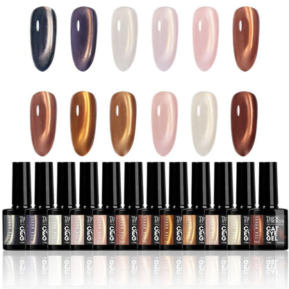 GV1147 THR3E STROKES Silk Cat Eye Gel Polish Set - 12 Colors (7.5ml) - Magnetic Velvet Shimmer Effect - UV/LED Soak Off Nail Art Manicure Kit (TEA HOUSE)