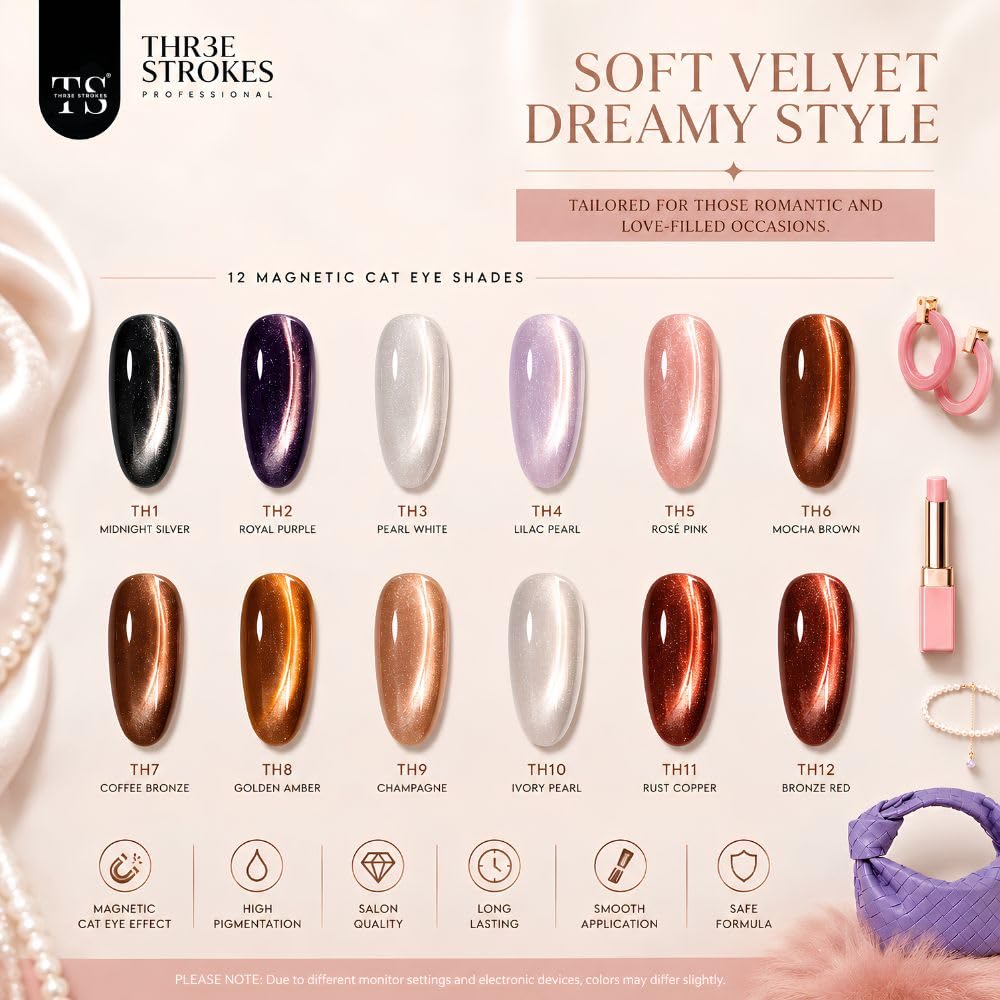 GV1147 THR3E STROKES Silk Cat Eye Gel Polish Set - 12 Colors (7.5ml) - Magnetic Velvet Shimmer Effect - UV/LED Soak Off Nail Art Manicure Kit (TEA HOUSE)
