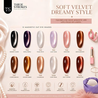 GV1147 THR3E STROKES Silk Cat Eye Gel Polish Set - 12 Colors (7.5ml) - Magnetic Velvet Shimmer Effect - UV/LED Soak Off Nail Art Manicure Kit (TEA HOUSE)