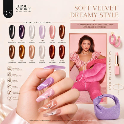 GV1147 THR3E STROKES Silk Cat Eye Gel Polish Set - 12 Colors (7.5ml) - Magnetic Velvet Shimmer Effect - UV/LED Soak Off Nail Art Manicure Kit (TEA HOUSE)