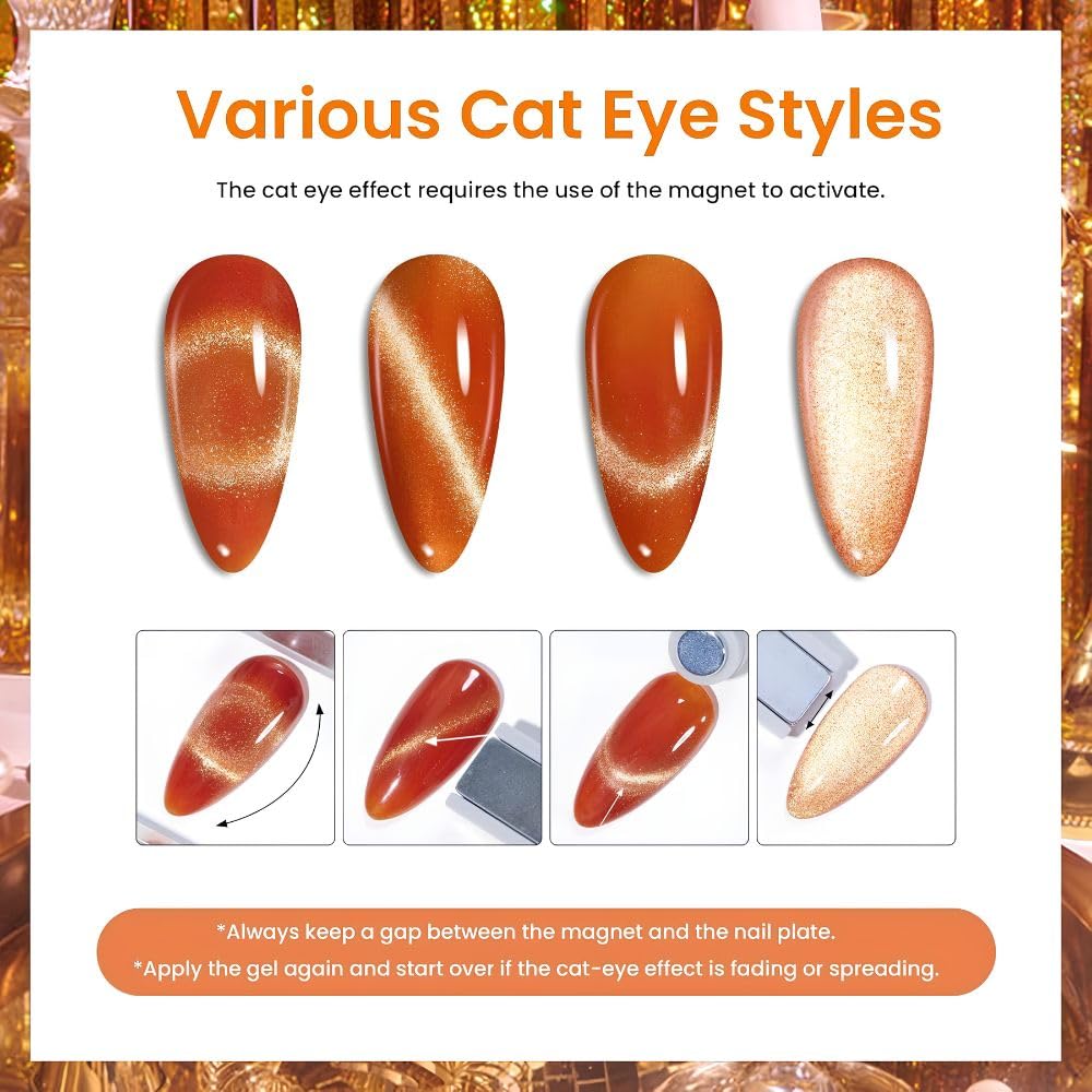 GV1147 THR3E STROKES Silk Cat Eye Gel Polish Set - 12 Colors (7.5ml) - Magnetic Velvet Shimmer Effect - UV/LED Soak Off Nail Art Manicure Kit (TEA HOUSE)