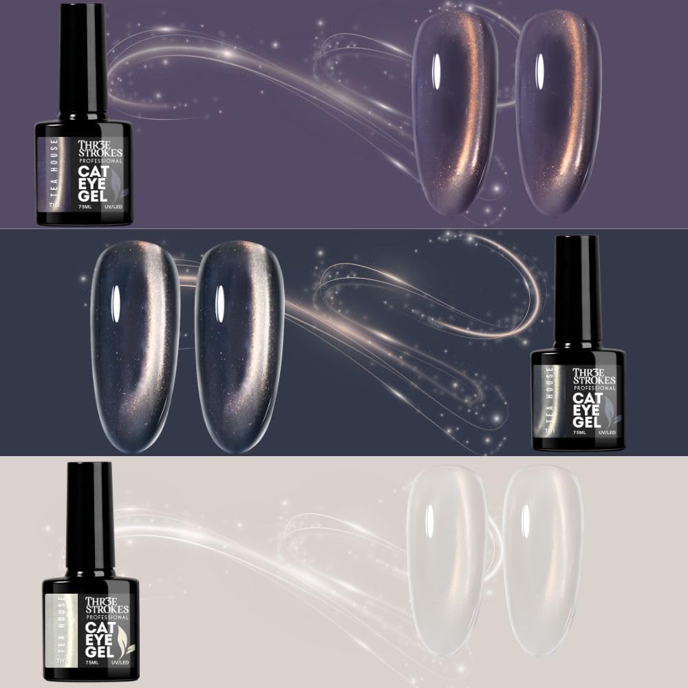 GV1147 THR3E STROKES Silk Cat Eye Gel Polish Set - 12 Colors (7.5ml) - Magnetic Velvet Shimmer Effect - UV/LED Soak Off Nail Art Manicure Kit (TEA HOUSE)