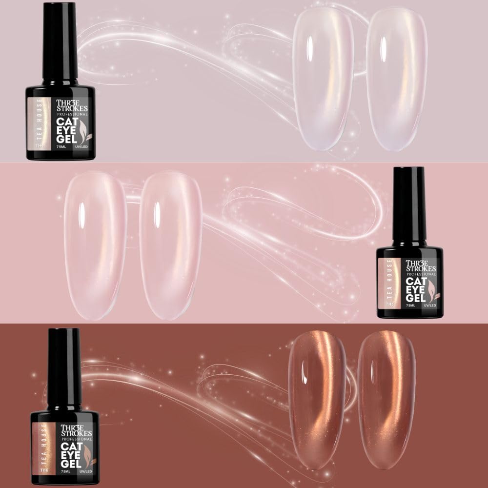 GV1147 THR3E STROKES Silk Cat Eye Gel Polish Set - 12 Colors (7.5ml) - Magnetic Velvet Shimmer Effect - UV/LED Soak Off Nail Art Manicure Kit (TEA HOUSE)
