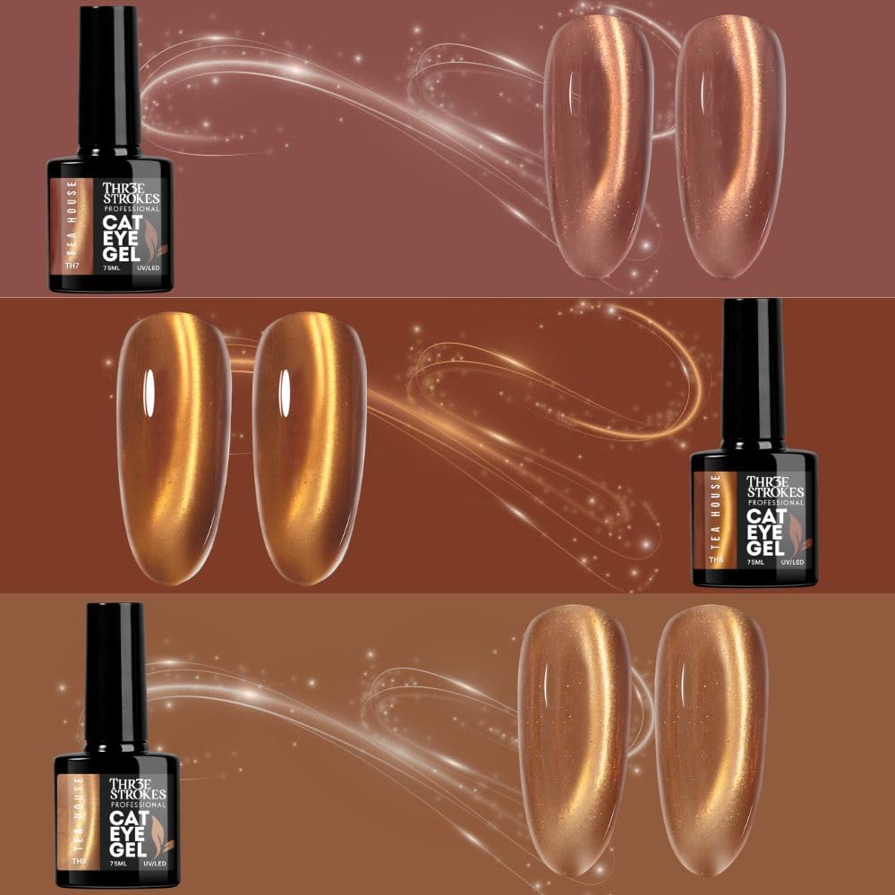 GV1147 THR3E STROKES Silk Cat Eye Gel Polish Set - 12 Colors (7.5ml) - Magnetic Velvet Shimmer Effect - UV/LED Soak Off Nail Art Manicure Kit (TEA HOUSE)