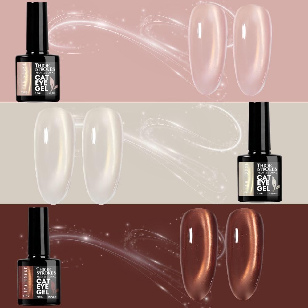 GV1147 THR3E STROKES Silk Cat Eye Gel Polish Set - 12 Colors (7.5ml) - Magnetic Velvet Shimmer Effect - UV/LED Soak Off Nail Art Manicure Kit (TEA HOUSE)