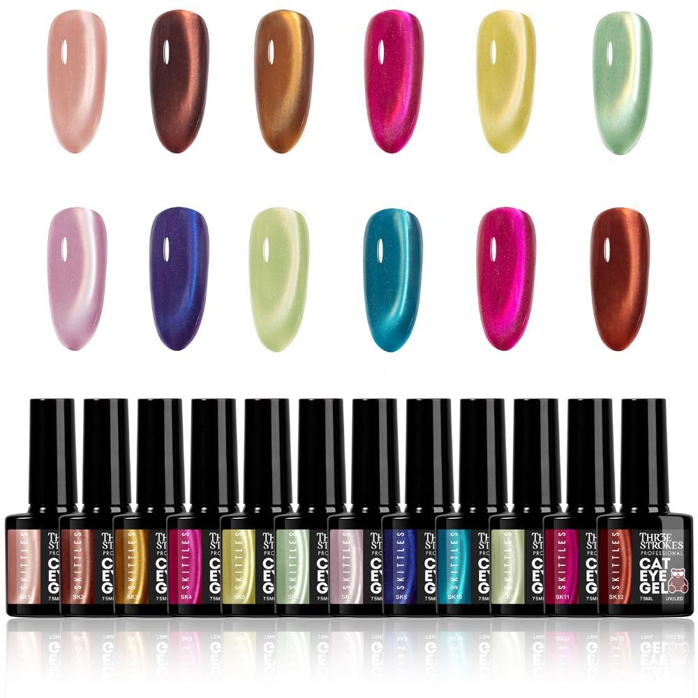 GV1146 THR3E STROKES Silk Cat Eye Gel Polish Set - 12 Colors (7.5ml) - Magnetic Velvet Shimmer Effect - UV/LED Soak Off Nail Art Manicure Kit (SKITTLES)