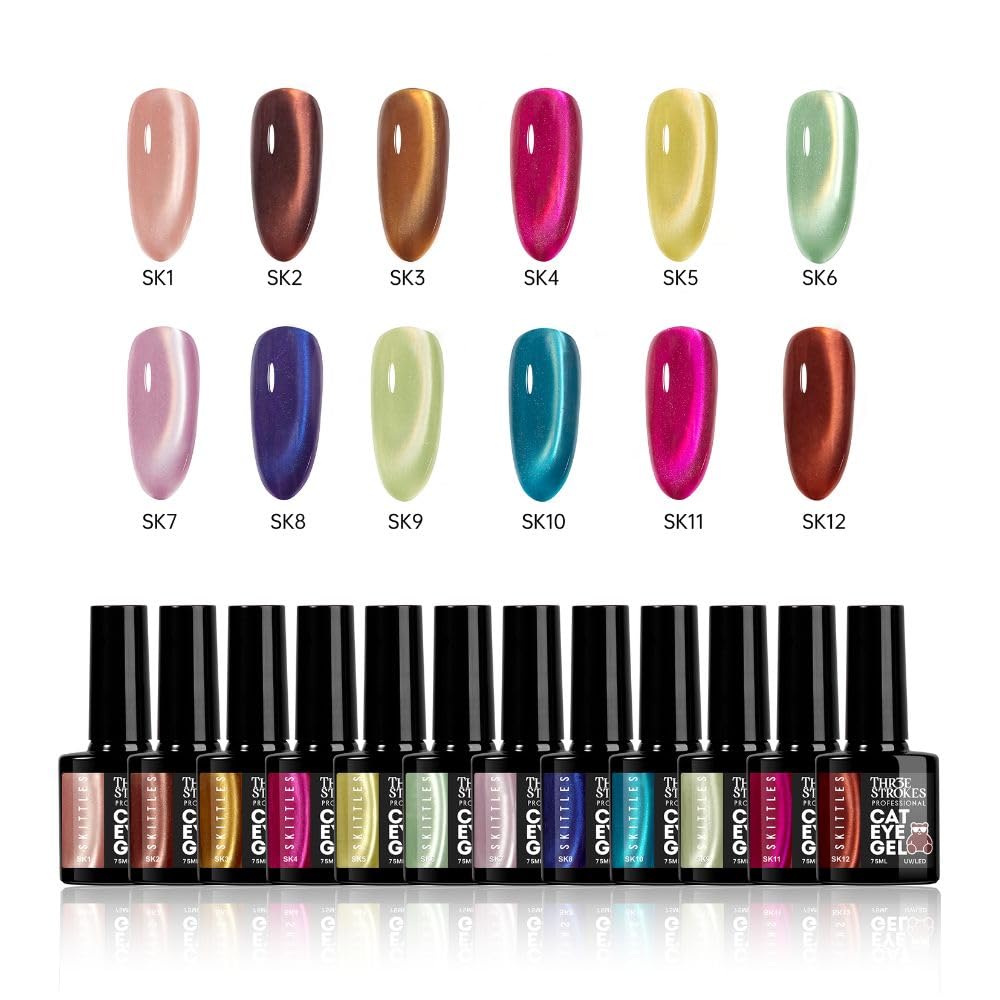GV1146 THR3E STROKES Silk Cat Eye Gel Polish Set - 12 Colors (7.5ml) - Magnetic Velvet Shimmer Effect - UV/LED Soak Off Nail Art Manicure Kit (SKITTLES)
