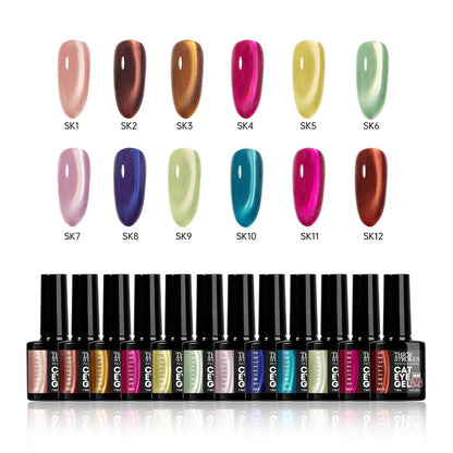 GV1146 THR3E STROKES Silk Cat Eye Gel Polish Set - 12 Colors (7.5ml) - Magnetic Velvet Shimmer Effect - UV/LED Soak Off Nail Art Manicure Kit (SKITTLES)