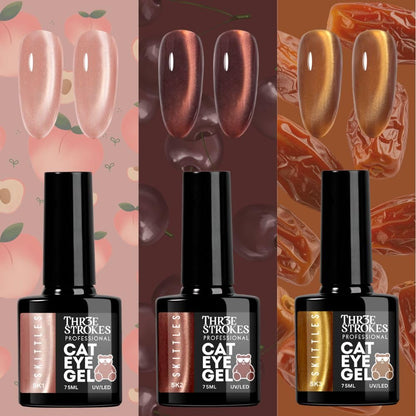 GV1146 THR3E STROKES Silk Cat Eye Gel Polish Set - 12 Colors (7.5ml) - Magnetic Velvet Shimmer Effect - UV/LED Soak Off Nail Art Manicure Kit (SKITTLES)