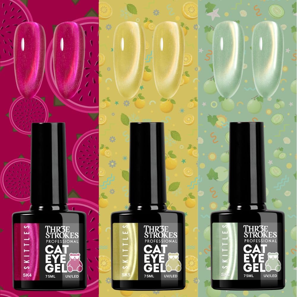 GV1146 THR3E STROKES Silk Cat Eye Gel Polish Set - 12 Colors (7.5ml) - Magnetic Velvet Shimmer Effect - UV/LED Soak Off Nail Art Manicure Kit (SKITTLES)