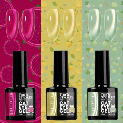 GV1146 THR3E STROKES Silk Cat Eye Gel Polish Set - 12 Colors (7.5ml) - Magnetic Velvet Shimmer Effect - UV/LED Soak Off Nail Art Manicure Kit (SKITTLES)