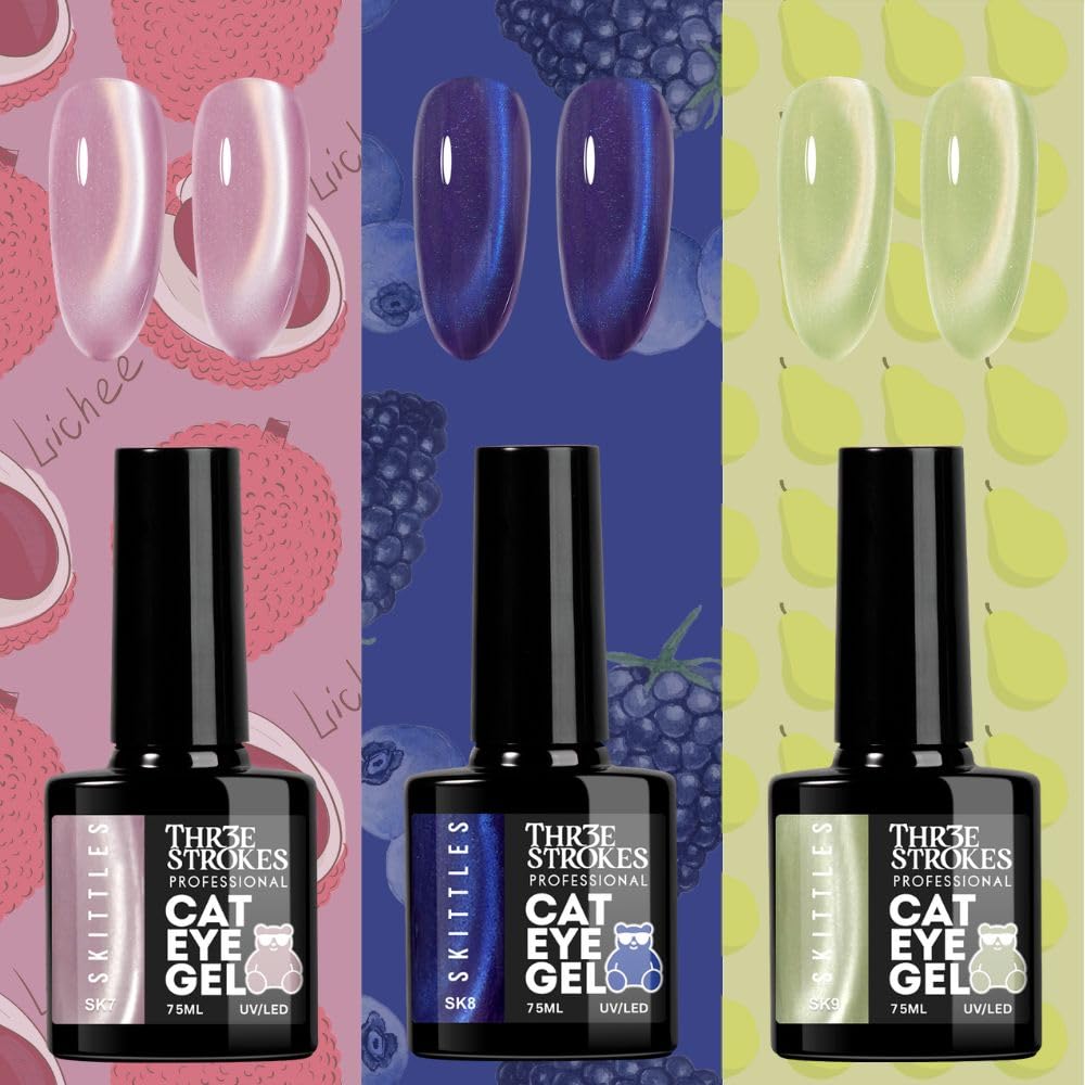GV1146 THR3E STROKES Silk Cat Eye Gel Polish Set - 12 Colors (7.5ml) - Magnetic Velvet Shimmer Effect - UV/LED Soak Off Nail Art Manicure Kit (SKITTLES)