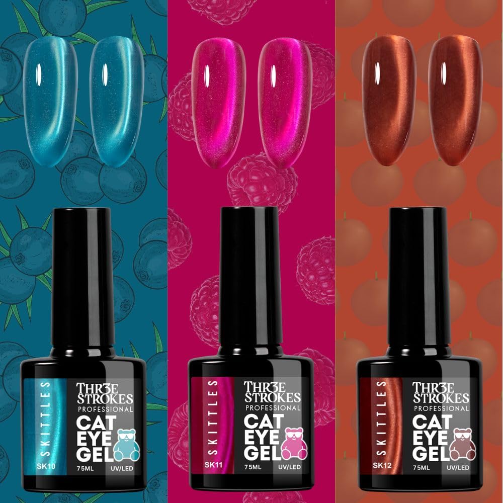 GV1146 THR3E STROKES Silk Cat Eye Gel Polish Set - 12 Colors (7.5ml) - Magnetic Velvet Shimmer Effect - UV/LED Soak Off Nail Art Manicure Kit (SKITTLES)
