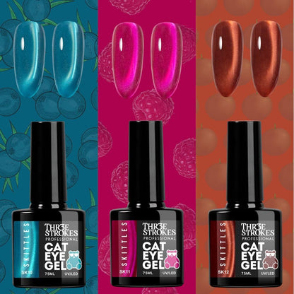 GV1146 THR3E STROKES Silk Cat Eye Gel Polish Set - 12 Colors (7.5ml) - Magnetic Velvet Shimmer Effect - UV/LED Soak Off Nail Art Manicure Kit (SKITTLES)