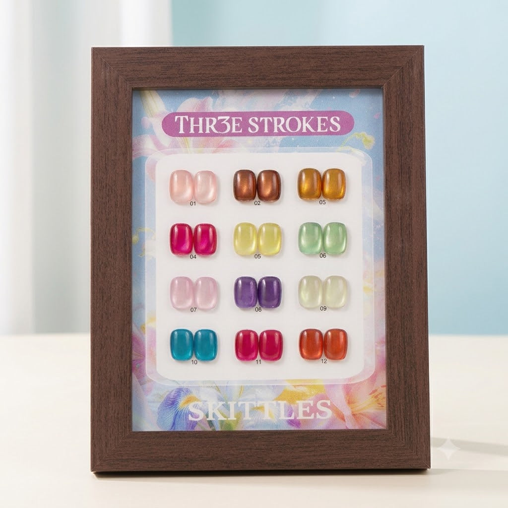 GV1146 THR3E STROKES Silk Cat Eye Gel Polish Set - 12 Colors (7.5ml) - Magnetic Velvet Shimmer Effect - UV/LED Soak Off Nail Art Manicure Kit (SKITTLES)
