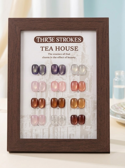 GV1147 THR3E STROKES Silk Cat Eye Gel Polish Set - 12 Colors (7.5ml) - Magnetic Velvet Shimmer Effect - UV/LED Soak Off Nail Art Manicure Kit (TEA HOUSE)