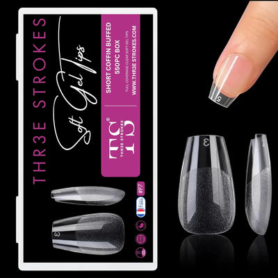 GV24 THR3E STROKES Soft Gel Nail Tips, Full Cover Clear Soft Nail Tips for Artificial False Nails Extension Nail Salons DIY Nail Art with Box, 550PCS (SHORT COFFIN P7)